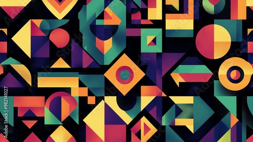 Abstract geometric pattern with colorful shapes on a black background.