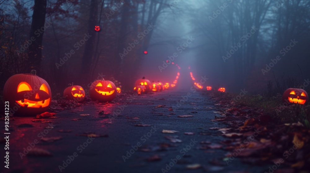 Spooky Halloween Path with Glowing Pumpkins in a Foggy Forest Spooky Halloween Path with Glowing Pumpkins in a Foggy Forest