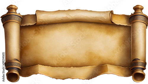 Old paper or parchment scroll ancient papyrus isolated on white background. Generative AI.