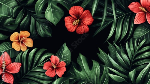 A lush tropical background with vibrant hibiscus flowers and green leaves against a black backdrop.