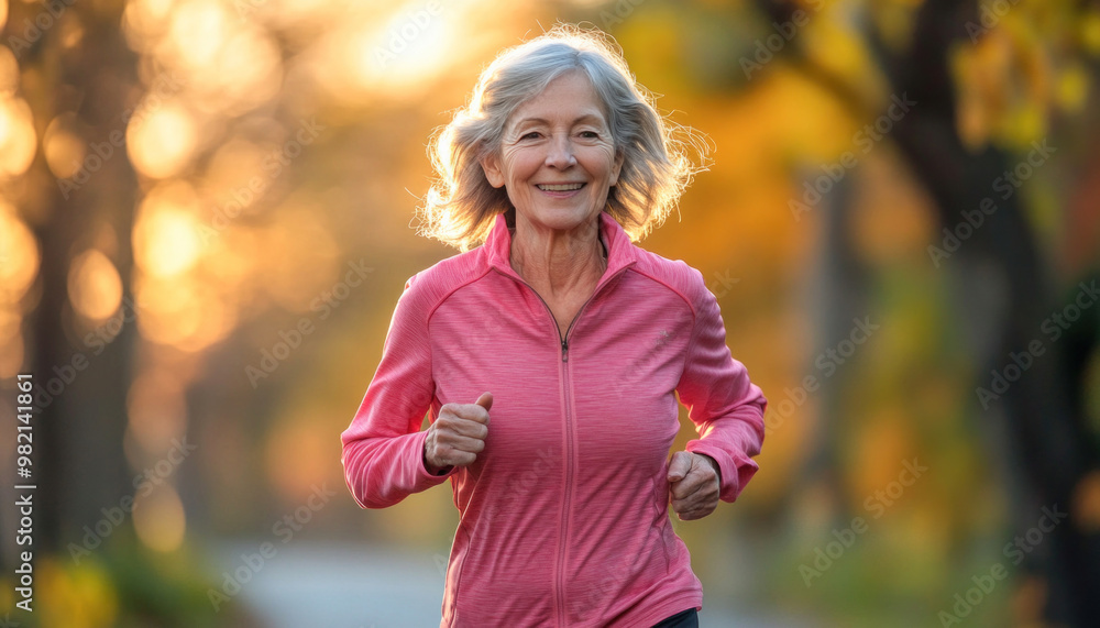 Athletic senior woman is running in a park at sunset Athletic senior woman is running in a park at sunset