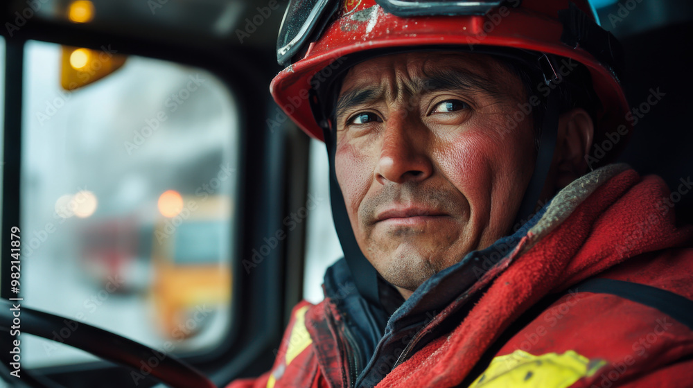 A young firefighter in protective gear looks confidently from his fire truck during a rainy day in an urban area A young firefighter in protective gear looks confidently from his fire truck during a rainy day in an urban area