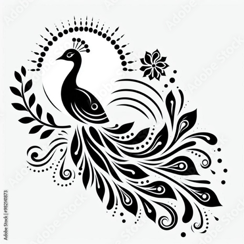 black and white peacock illustration with batik pattern combination