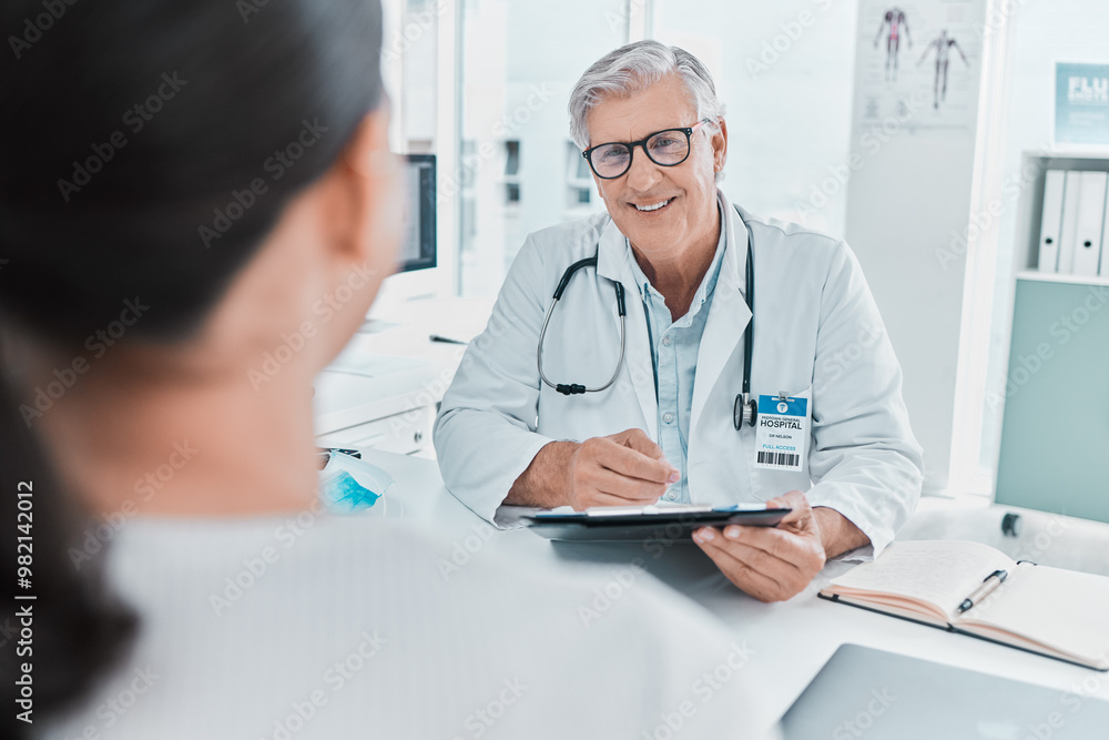 Happy doctor, checklist and patient in consultation for healthcare, checkup results and advice. Medical professional, clipboard and mature man in hospital. appointment for help, question and report Happy doctor, checklist and patient in consultation for healthcare, checkup results and advice. Medical professional, clipboard and mature man in hospital. appointment for help, question and report