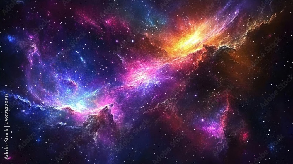 Cosmic clouds of gas and dust illuminated by starlight in a vibrant swirl of colors. Cosmic clouds of gas and dust illuminated by starlight in a vibrant swirl of colors.