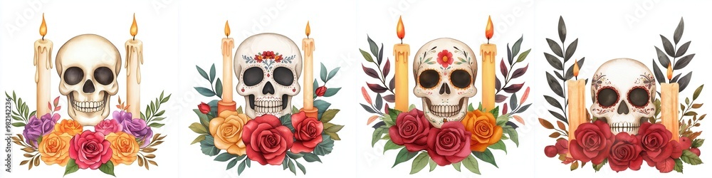 skull surrounded by candles and roses, depicting a Day of the Dead offering skull surrounded by candles and roses, depicting a Day of the Dead offering