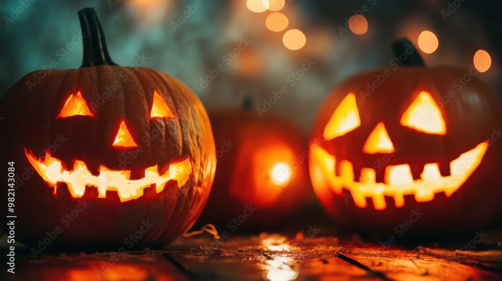 Fototapeta premium A row of pumpkins with their faces lit up, creating a spooky atmosphere