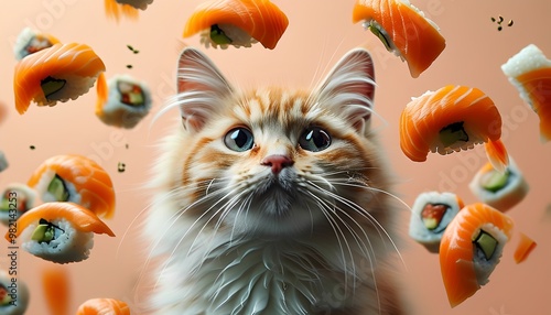 evitating cat surrounded with floating sushi, peach pastel color background photo