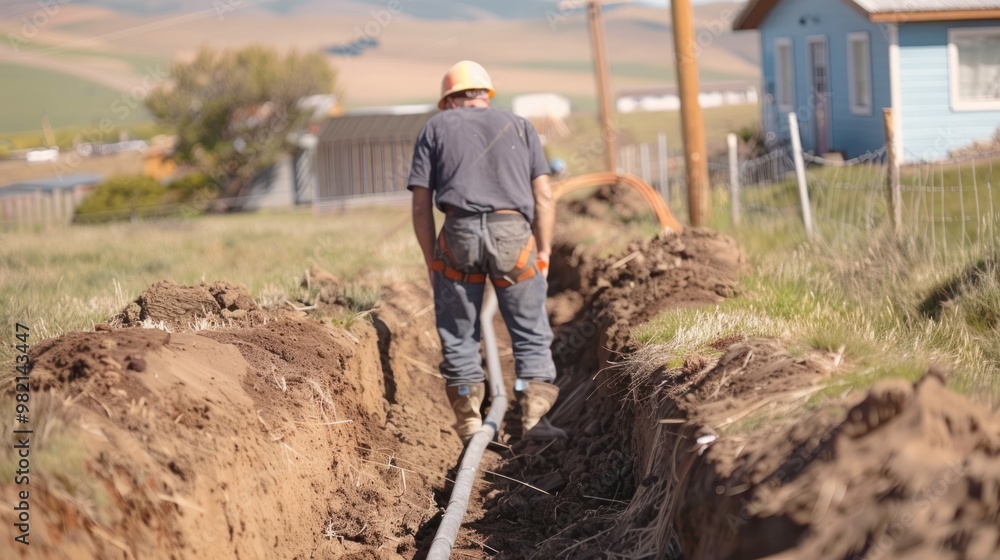 Construction worker walking along a trench Construction worker walking along a trench