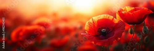 A single red poppy laying on a cobblestone path, with a row of blurred poppies in the background, symbolizing remembrance and tribute