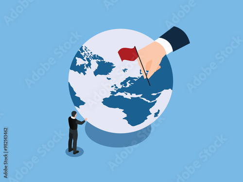 Businessman Marking Global Strategy on World Map with Red Flag 3d isometric vector illustration