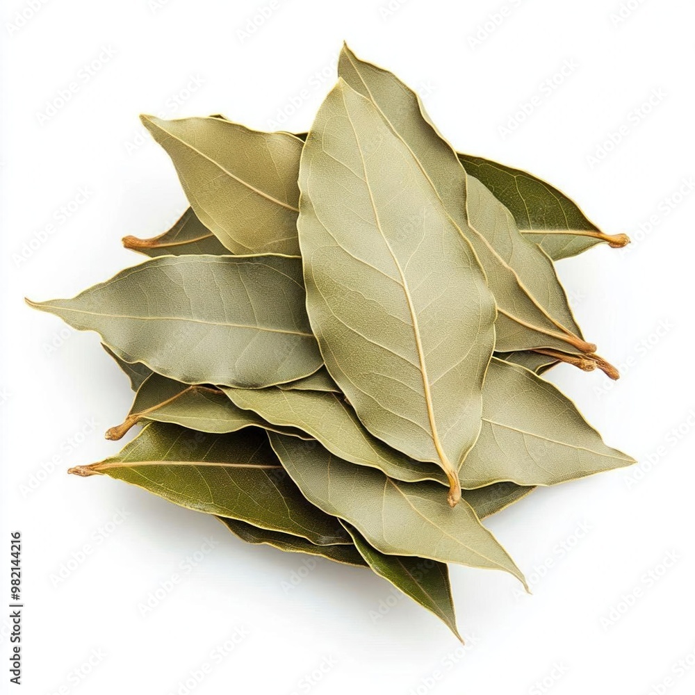 Close-up of a pile of dried bay leaves on a white background. Close-up of a pile of dried bay leaves on a white background.