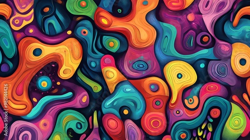 Abstract colorful psychedelic background with layered shapes.