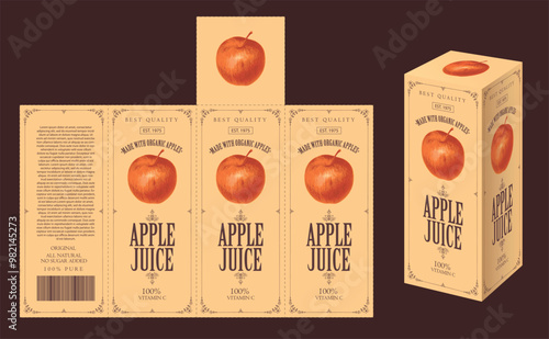 vector mockup template of cardboard packaging box for apple juice with realistic pattern of apple in retro style. Suitable for packaging design and labels