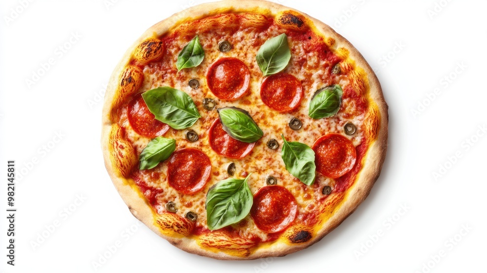 A pizza with pepperoni and basil on top A pizza with pepperoni and basil on top