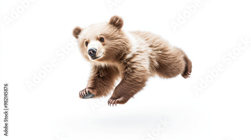 Adorable bear cub floating in the sky on a white background with clean lines and a whimsical charm