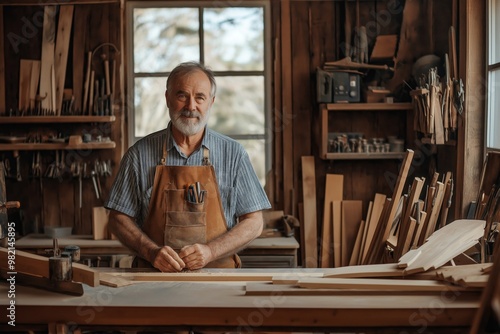 An experienced senior carpenter standing proudly in his woodshop, wearing an apron with tools, surrounded by wooden materials and equipment, symbolizing years of craftsmanship and dedication