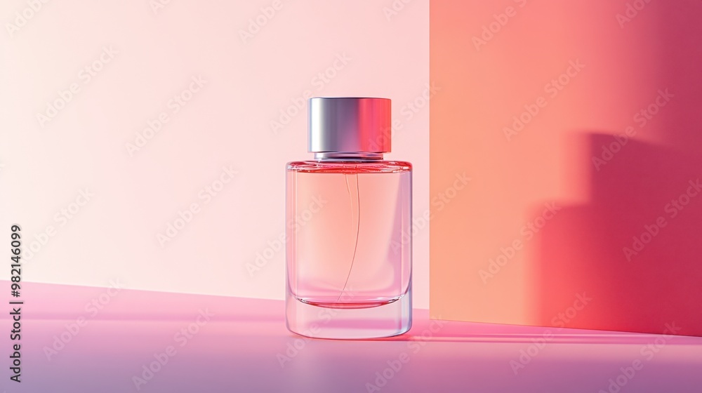A bottle of perfume is sitting on a table in front of a wall A bottle of perfume is sitting on a table in front of a wall
