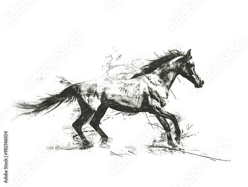 A black and white sketch of a horse running with its mane and tail flowing in the wind