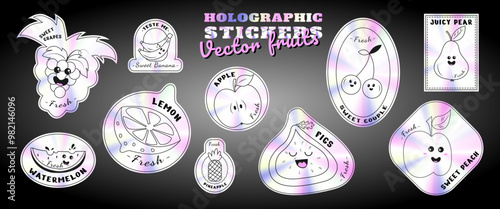 A set of fruit holographic stickers for tags, design layouts.A collection of vector fruits holographic stickers with a vivid effect. Bananas, apple, grapes, figs.