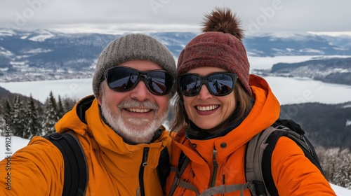 A senior couple taking a selfie in a snowy mountain landscape. Dressed in warm jackets and hats, they are smiling widely with snow-covered mountains and pine trees in the background.