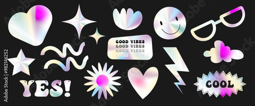 A set of stickers with a holographic effect. Good vibes, star, wave, heart,glasses. Vector templates of holographic stickers.