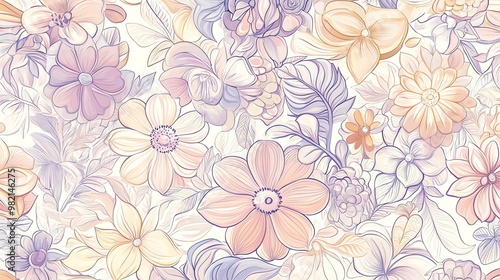 Wallpaper Mural Beautiful floral pattern with pastel colors and delicate lines. Perfect for spring and summer designs. Torontodigital.ca