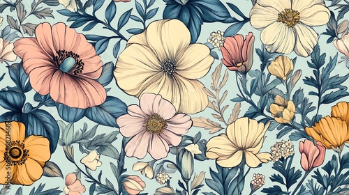 Floral pattern featuring various flowers and leaves in a blue and yellow palette.