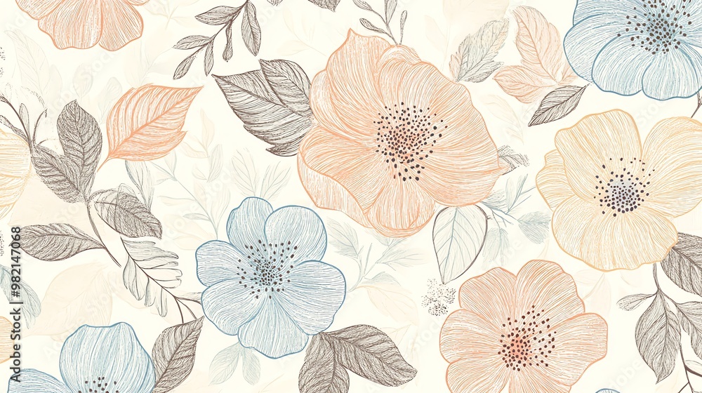 Delicate floral pattern with line art flowers and leaves on a cream background. Delicate floral pattern with line art flowers and leaves on a cream background.
