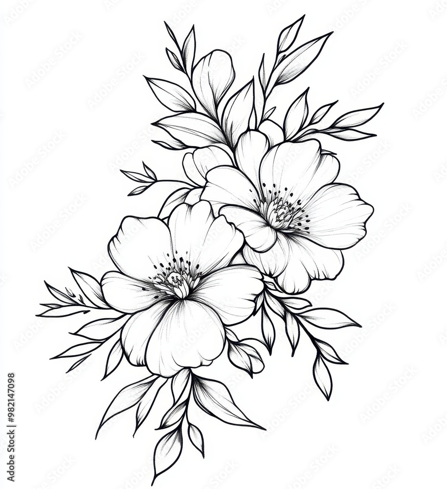 A black and white drawing of three flowers with green leaves A black and white drawing of three flowers with green leaves