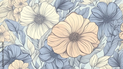 A seamless pattern with detailed blue and yellow flowers on a light blue background.