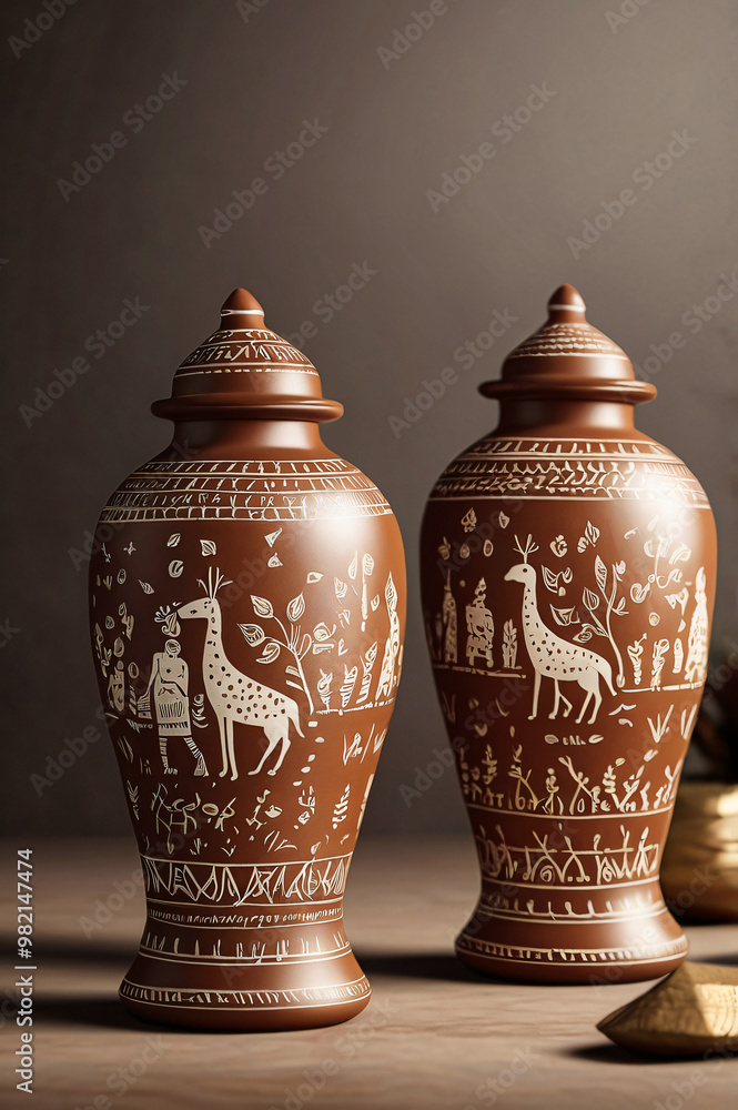 Front view of two seal brown ceramic pots with lids, featuring intricate Warli art. Positioned on brown surface with warm, cinematic light, Scene evokes sense of ancient artistry & cultural heritage Front view of two seal brown ceramic pots with lids, featuring intricate Warli art. Positioned on brown surface with warm, cinematic light, Scene evokes sense of ancient artistry & cultural heritage