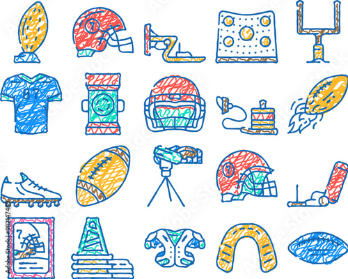 american football accessories doodle icons set vector. sketch line art american football ball and gate, player protective helmet and shoulder pads, jersey and boots footwear. sport color illustrations