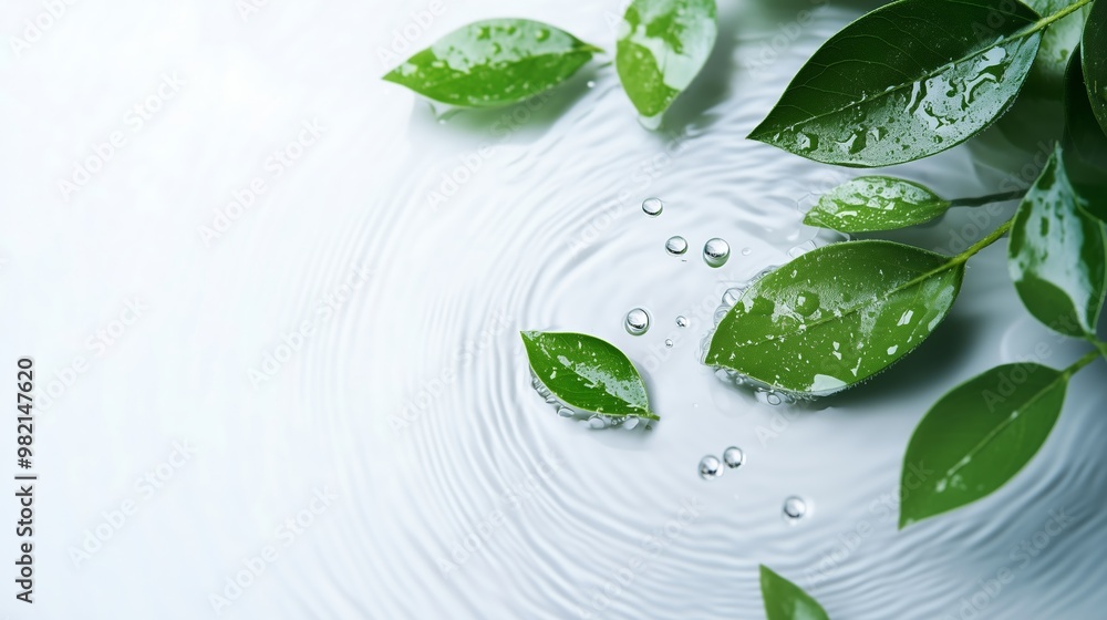 Gentle rain drops create ripples on a calm surface with fresh green leaves in a serene setting Gentle rain drops create ripples on a calm surface with fresh green leaves in a serene setting