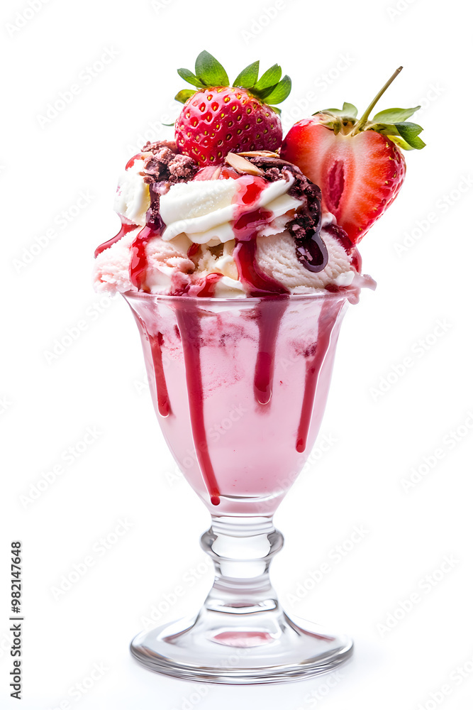 A sundae glass filled with delicious strawberry ice cream, topped with topping and fresh strawberries, isolated on a white background A sundae glass filled with delicious strawberry ice cream, topped with topping and fresh strawberries, isolated on a white background