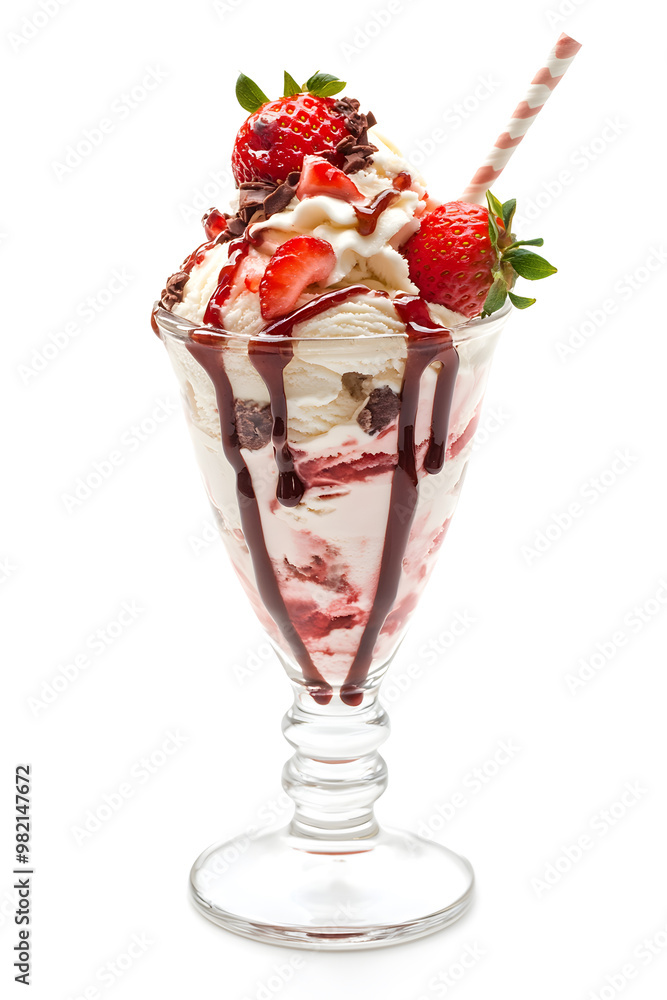 A sundae glass filled with delicious strawberry ice cream, topped with topping and fresh strawberries, isolated on a white background A sundae glass filled with delicious strawberry ice cream, topped with topping and fresh strawberries, isolated on a white background