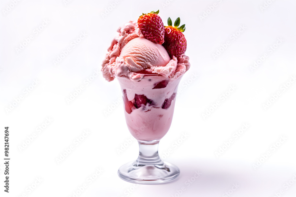 A sundae glass filled with delicious strawberry ice cream, topped with topping and fresh strawberries, isolated on a white background A sundae glass filled with delicious strawberry ice cream, topped with topping and fresh strawberries, isolated on a white background