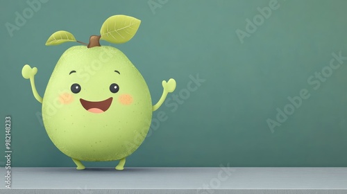 Cartoon mascot of a guava fruit alongside a grey blank board suitable for editing in EPS 10 format Ideal illustration for children s materials photo