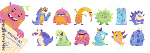 Funny monsters set. Happy kids aliens boo. Cute Halloween characters with wings, horns. Different scary mascots, amusing childish nightmares. Flat isolated vector illustrations on white background