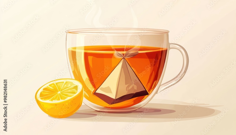 Transparent plastic cup filled with hot black tea featuring a pyramidal tea bag and lemon illustrated in a vibrant 2D cartoon style against a light background Transparent plastic cup filled with hot black tea featuring a pyramidal tea bag and lemon illustrated in a vibrant 2D cartoon style against a light background