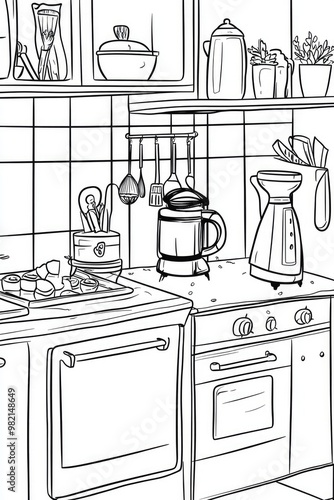 Children s coloring book featuring black and white cartoon style kitchen appliances and a hand blender photo