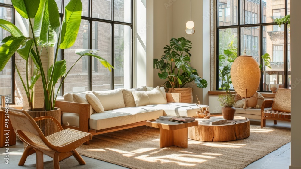 Fototapeta premium Modern Minimalist Living Room with Natural Light and Tropical Plants