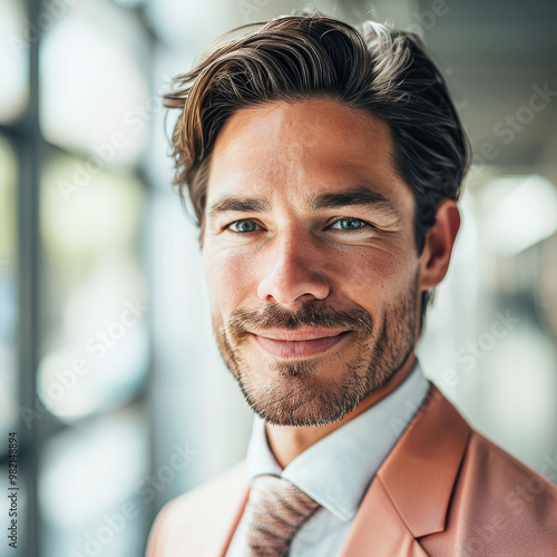 Close-up of smiling businessman in office corridor with confident expression