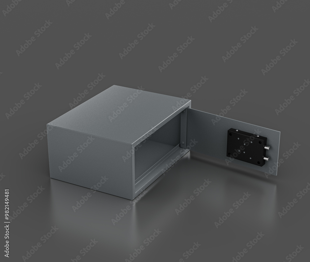 Open Steel Safe Locker With A Gray Finish For Security Isolated On Gray Background 3D Illustration Open Steel Safe Locker With A Gray Finish For Security Isolated On Gray Background 3D Illustration