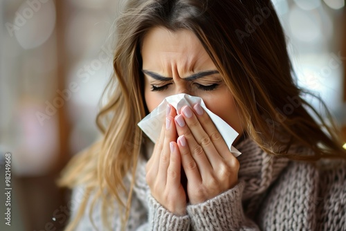 Ill young woman working at office desk, using laptop, sneezing and wiping nose with tissue