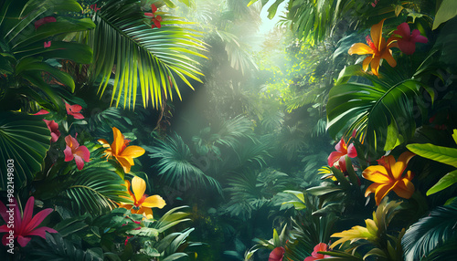 A lush jungle scene with vibrant green leaves and exotic flowers, bringing the warmth of the tropics to your screen