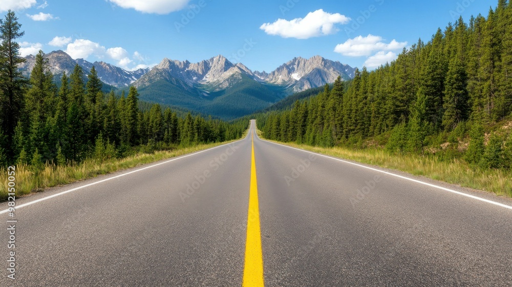 A long highway stretching through a dense forest with yellow centerlines, leading towards distant mountain peaks under a clear blue sky. A long highway stretching through a dense forest with yellow centerlines, leading towards distant mountain peaks under a clear blue sky.