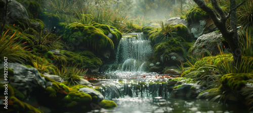 A small waterfall in the forest surrounded by green trees