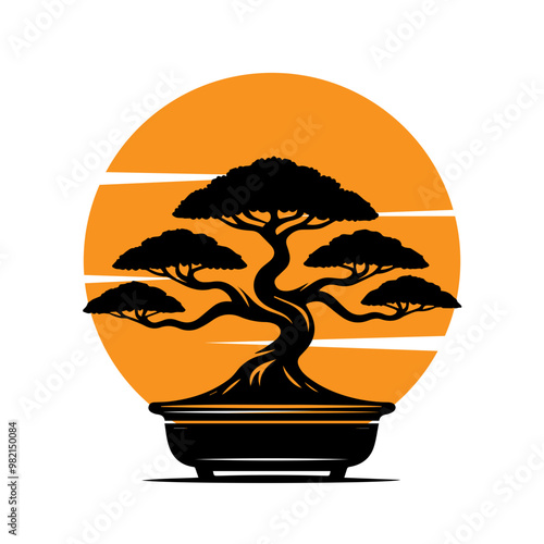 bonsai with sun logo design silhouette icon vector