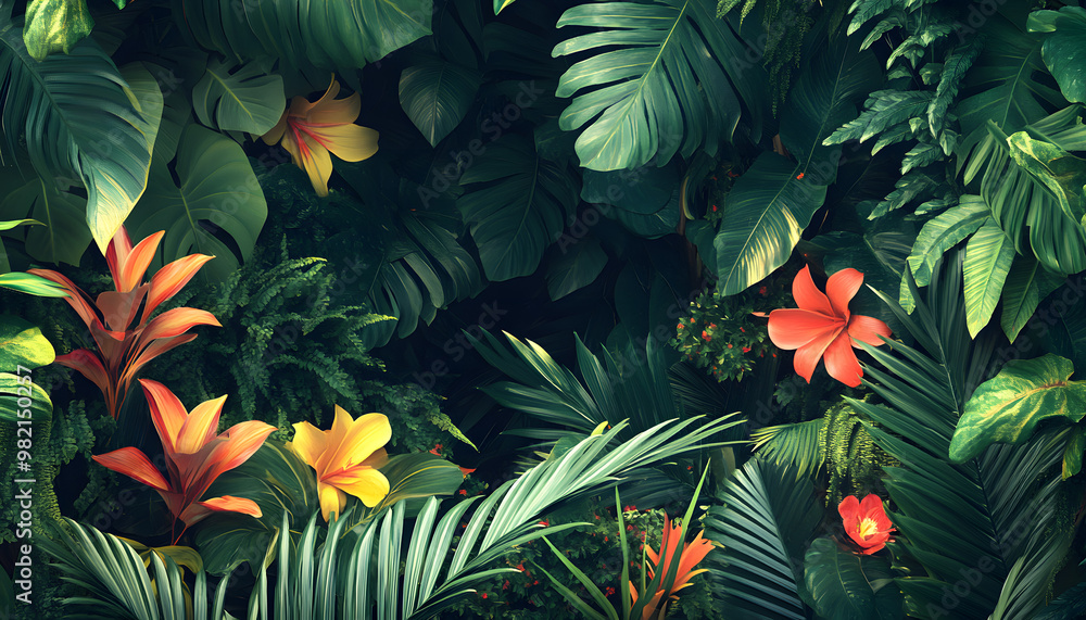 A lush jungle scene with vibrant green leaves and exotic flowers, bringing the warmth of the tropics to your screen A lush jungle scene with vibrant green leaves and exotic flowers, bringing the warmth of the tropics to your screen